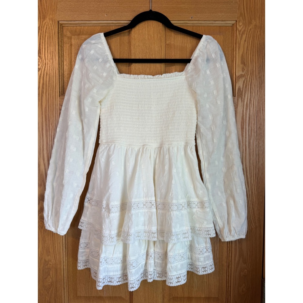 Altar'd State Pheebie Smocked Mini Dress Ivory Lace Tiered Boho XS PHEEBIE-AS
